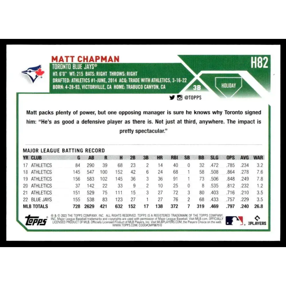 2023 Topps Holiday #H82 Matt Chapman NM-MT Toronto Blue Jays Baseball Card - Baseball Card Single