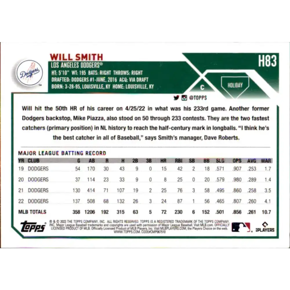 2023 Topps Holiday #H83 Will Smith NM-MT Los Angeles Dodgers Baseball Card - Baseball Card Single