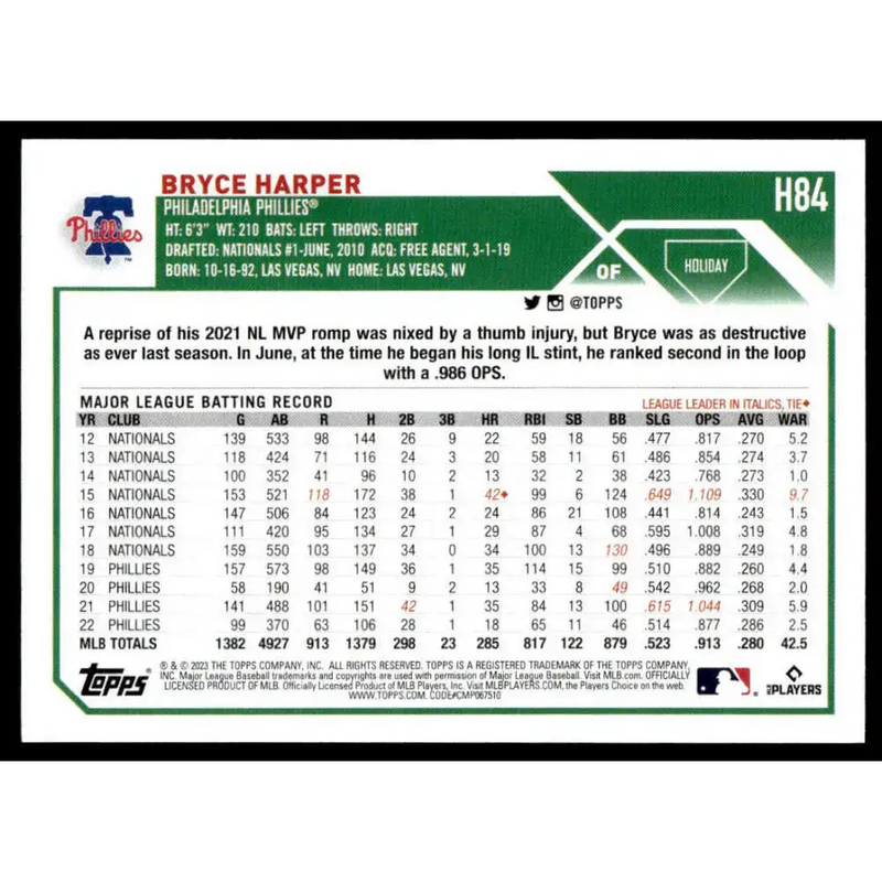 2023 Topps Holiday #H84 Bryce Harper NM-MT Philadelphia Phillies Baseball Card - Baseball Card Single