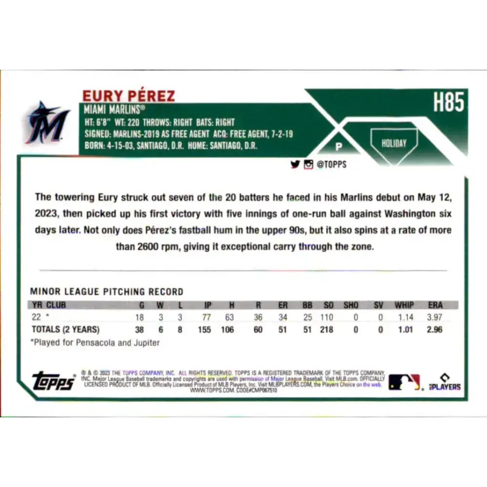 2023 Topps Holiday #H85 Eury Perez NM-MT RC Rookie Miami Marlins Baseball Card - Baseball Card Single