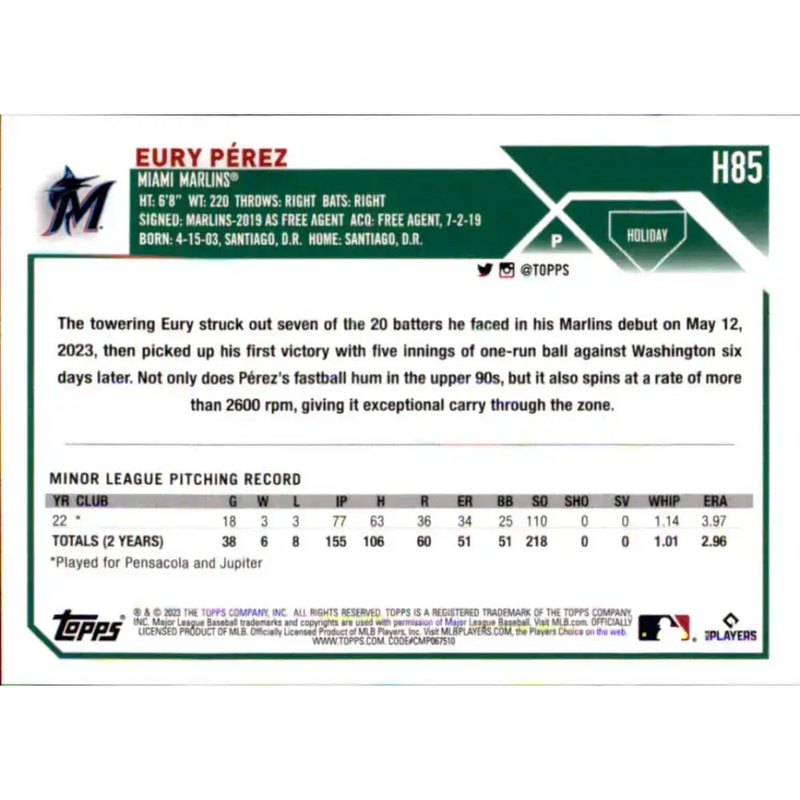 2023 Topps Holiday #H85 Eury Perez NM-MT RC Rookie Miami Marlins Baseball Card - Baseball Card Single