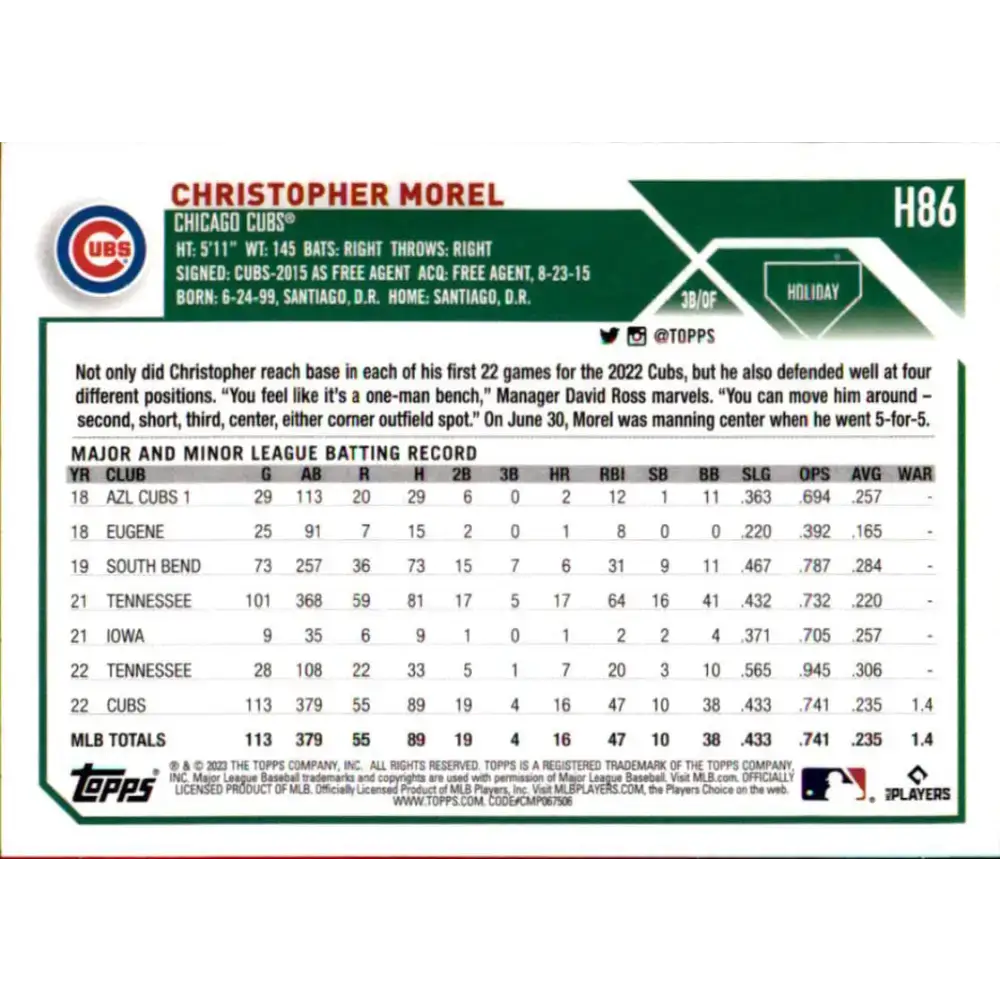 2023 Topps Holiday #H86 Christopher Morel NM-MT RC Rookie Chicago Cubs Baseball Card - Baseball Card Single