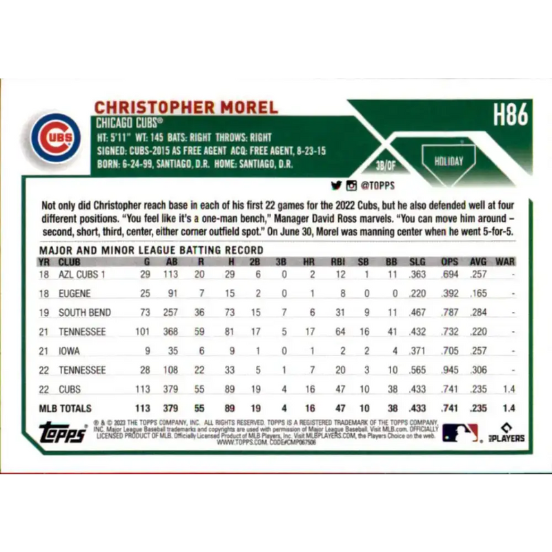 2023 Topps Holiday #H86 Christopher Morel NM-MT RC Rookie Chicago Cubs Baseball Card - Baseball Card Single