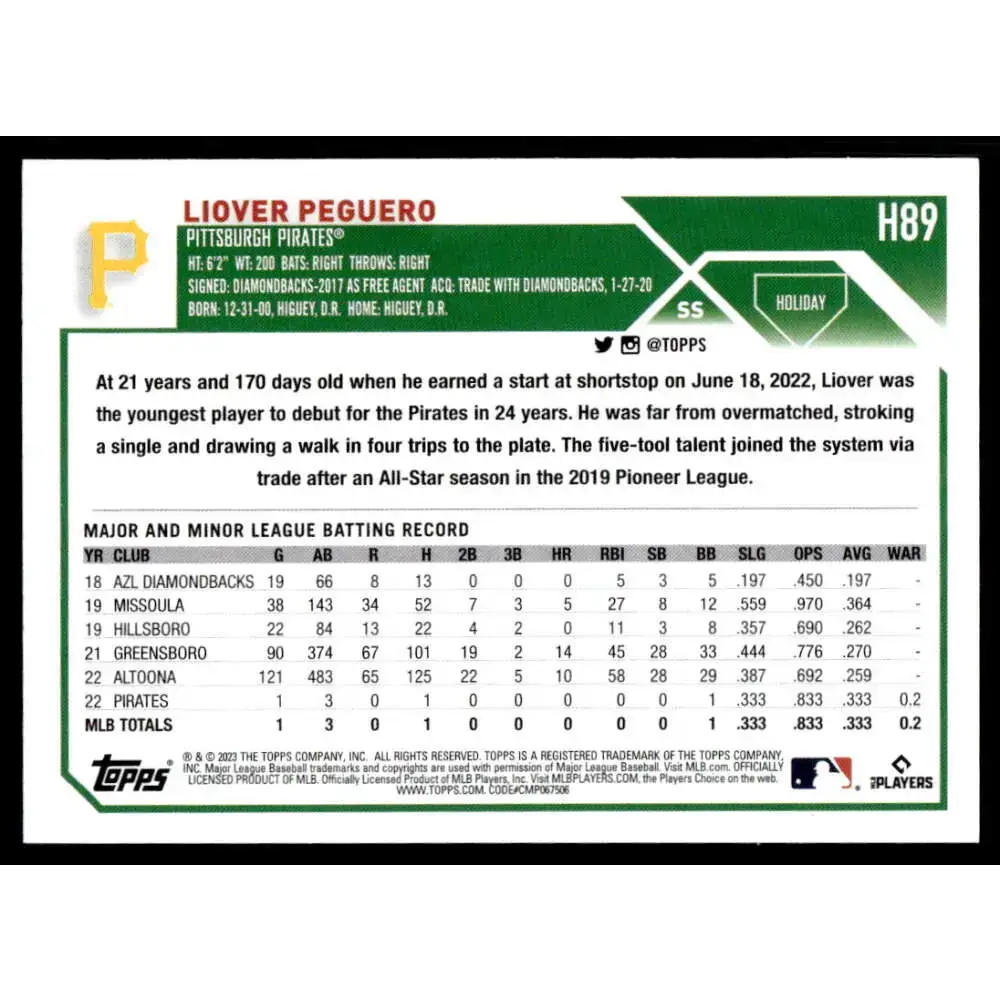2023 Topps Holiday #H89 Liover Peguero NM-MT RC Rookie Pittsburgh Pirates Baseball Card - Baseball Card Single