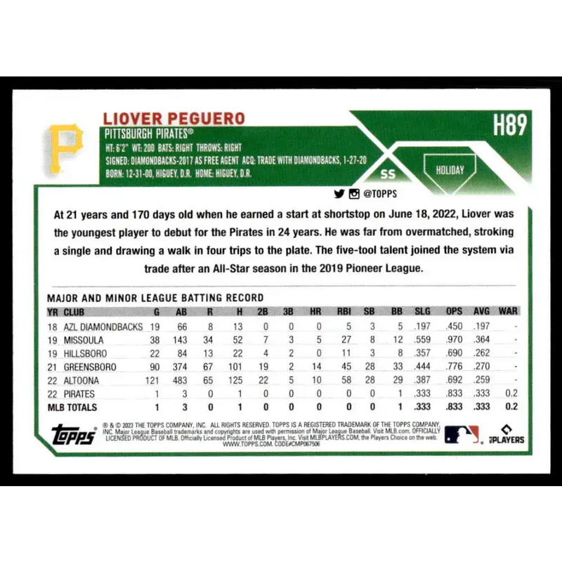2023 Topps Holiday #H89 Liover Peguero NM-MT RC Rookie Pittsburgh Pirates Baseball Card - Baseball Card Single