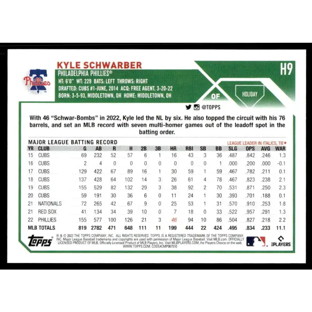 2023 Topps Holiday #H9 Kyle Schwarber NM-MT Philadelphia Phillies Baseball Card - Baseball Card Single