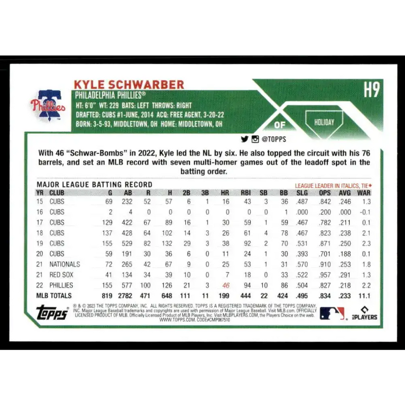 2023 Topps Holiday #H9 Kyle Schwarber NM-MT Philadelphia Phillies Baseball Card - Baseball Card Single