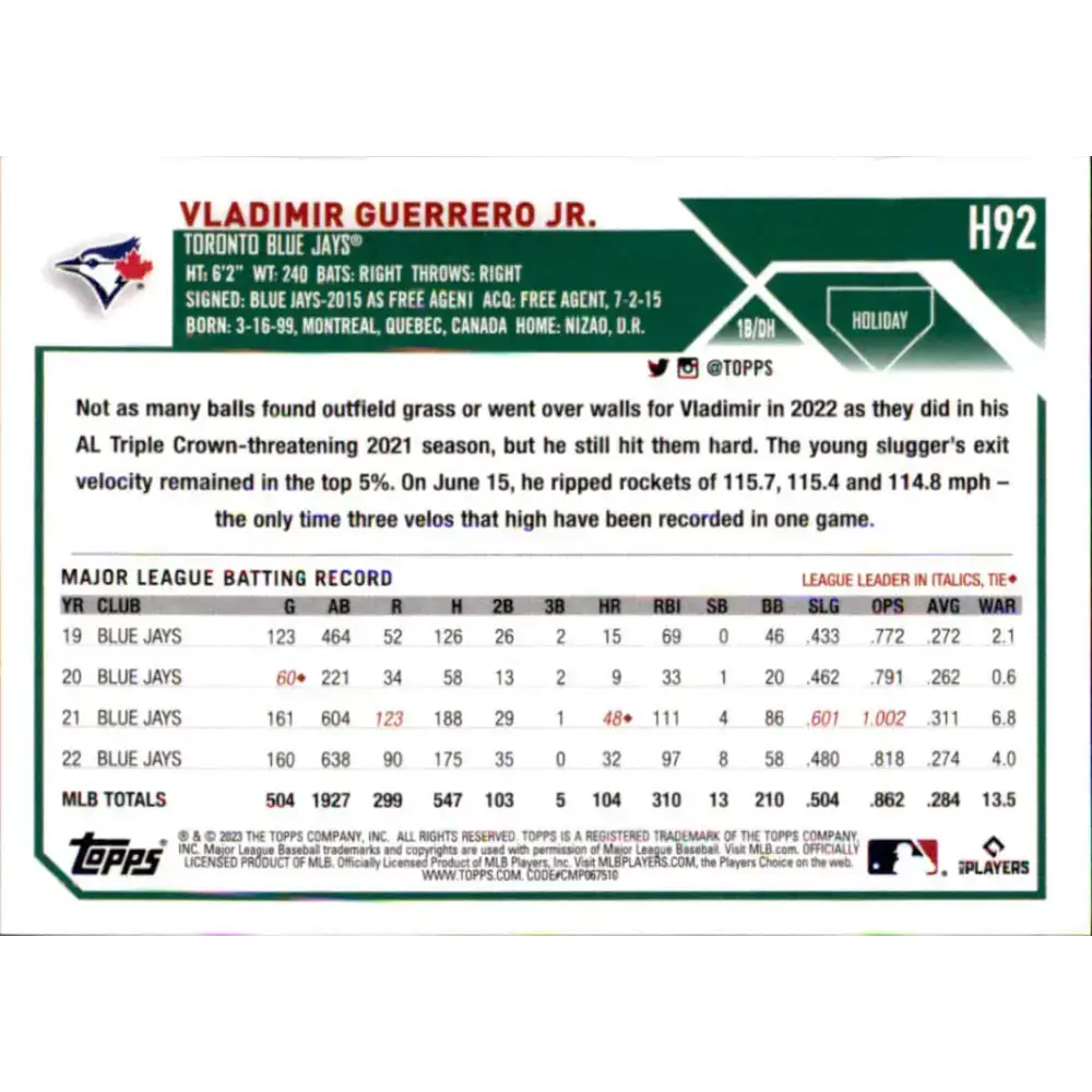2023 Topps Holiday #H92 Vladimir Guerrero Jr. NM-MT Toronto Blue Jays Baseball Card - Baseball Card Single