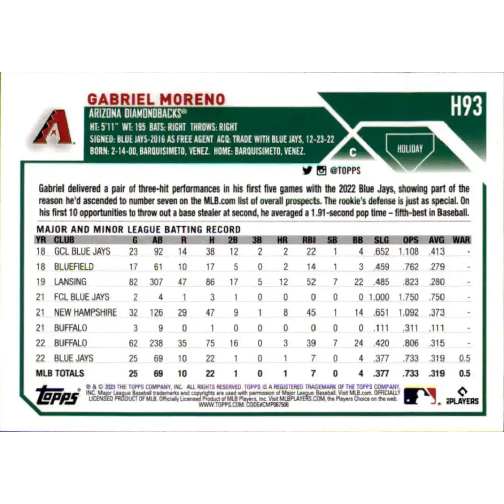 2023 Topps Holiday #H93 Gabriel Moreno NM-MT RC Rookie Arizona Diamondbacks Baseball Card - Baseball Card Single