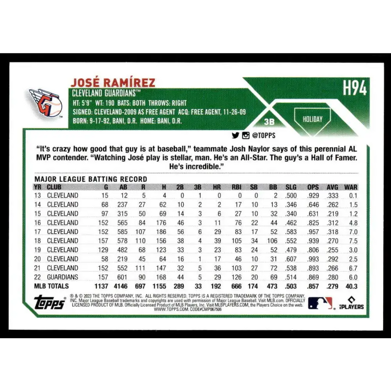 2023 Topps Holiday #H94 Jose Ramirez NM-MT Cleveland Guardians Baseball Card - Baseball Card Single