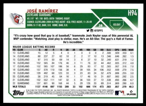 2023 Topps Holiday #H94 Jose Ramirez NM Near Mint Guardians ID:66285 - Baseball Card Single