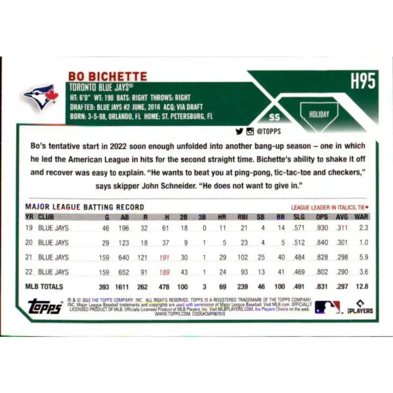 2023 Topps Holiday #H95 Bo Bichette NM-MT Toronto Blue Jays Baseball Card - Baseball Card Single