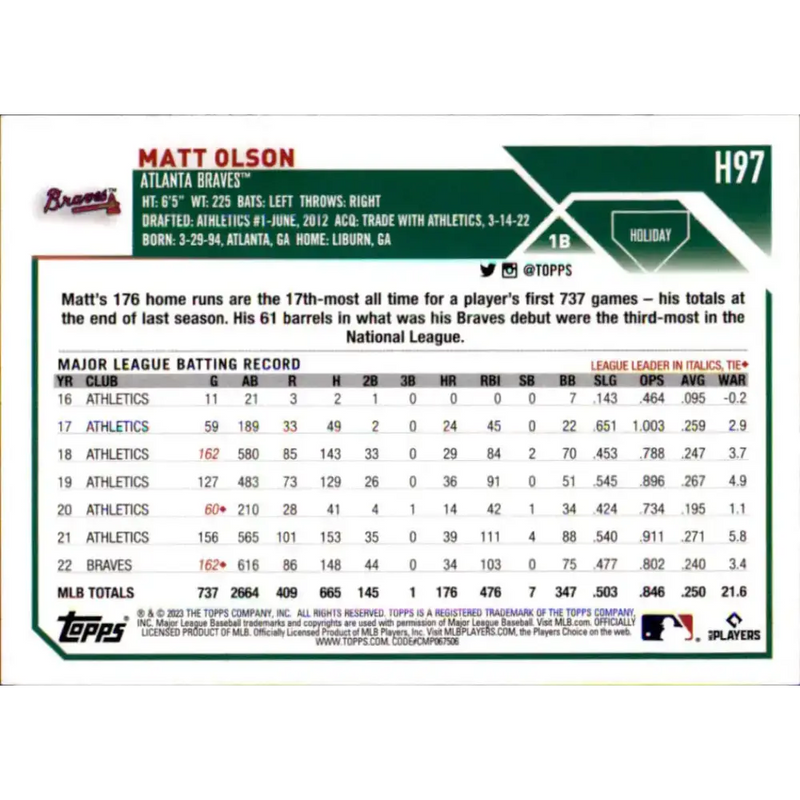 2023 Topps Holiday #H97 Matt Olson NM-MT Atlanta Braves Baseball Card - Baseball Card Single