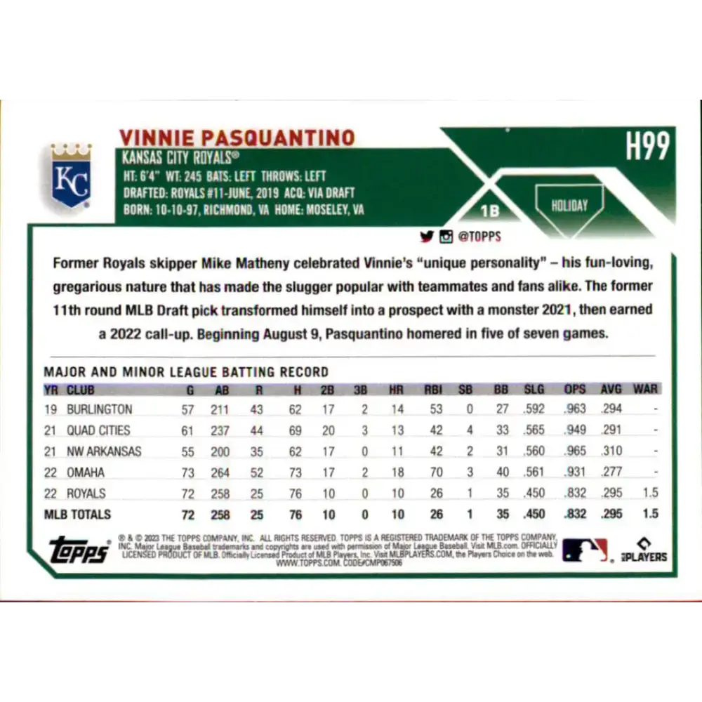 2023 Topps Holiday #H99 Vinnie Pasquantino NM-MT RC Rookie Kansas City Royals Baseball Card - Baseball Card Single