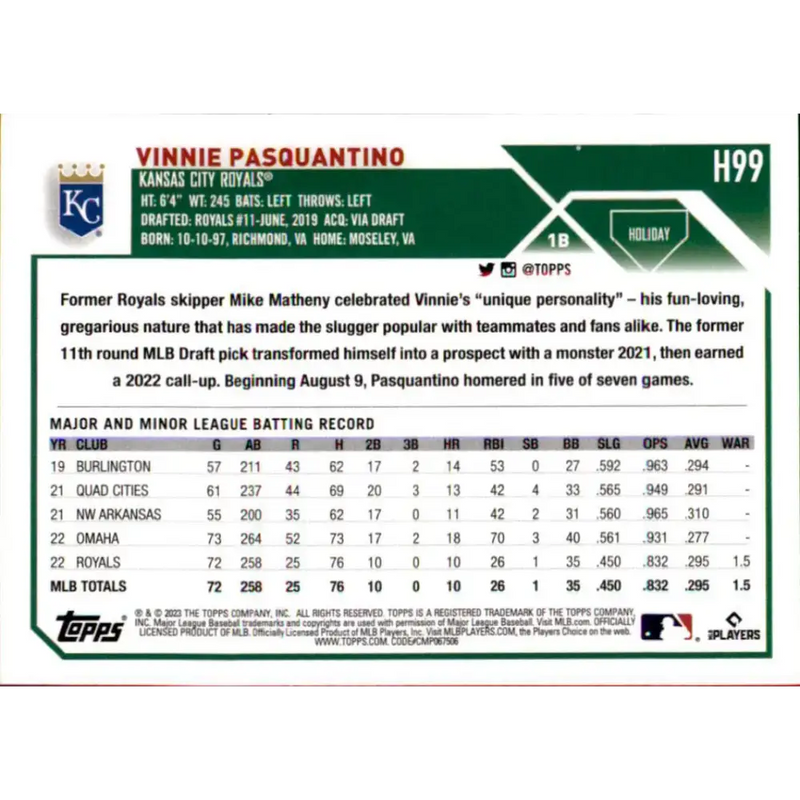 2023 Topps Holiday #H99 Vinnie Pasquantino NM-MT RC Rookie Kansas City Royals Baseball Card - Baseball Card Single