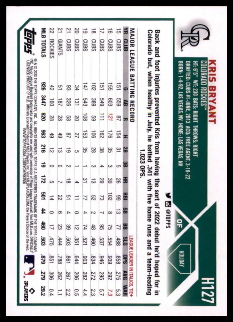 2023 Topps Holiday Kris Bryant H127 Colorado Rockies NM - Baseball Card Single
