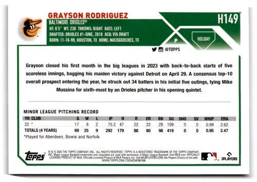 2023 Topps Holiday Metallic #H149 Grayson Rodriguez NM Near Mint RC Roo ID:66640 - Baseball Card Single