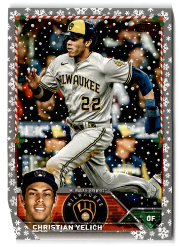 Christian Yelich baseball card featuring original gloss from 2023 Topps Holiday Metallic series