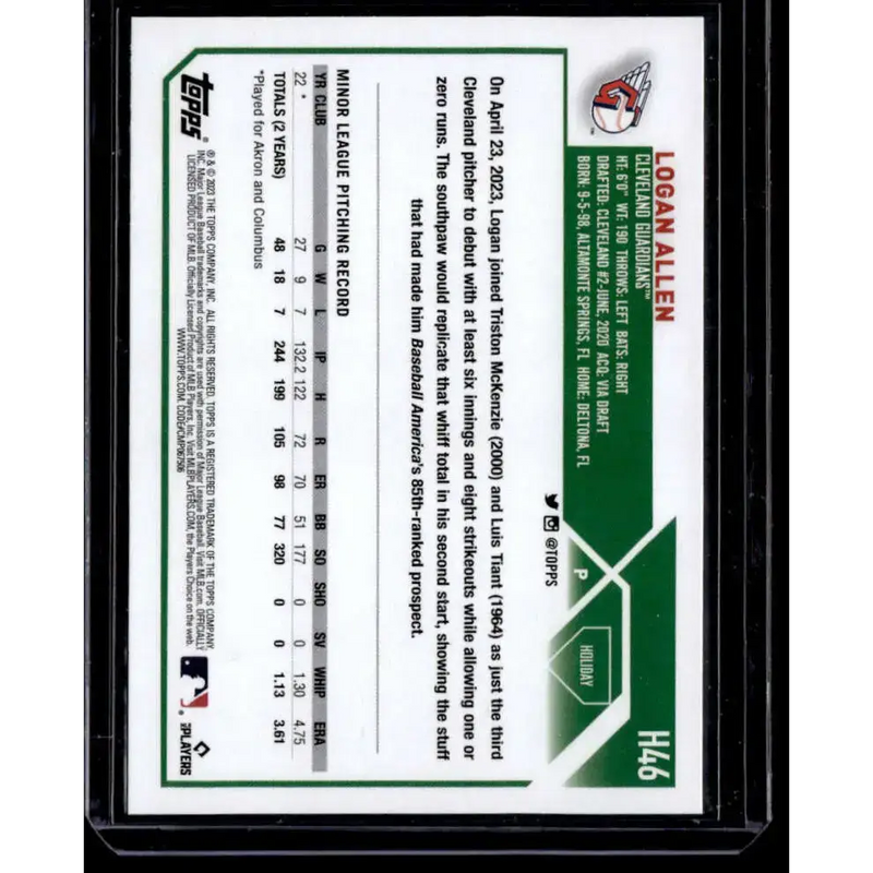 2023 Topps Holiday Metallic #H46 Logan Allen NM-MT RC Rookie Cleveland Guardians Baseball Card - Baseball Card Single
