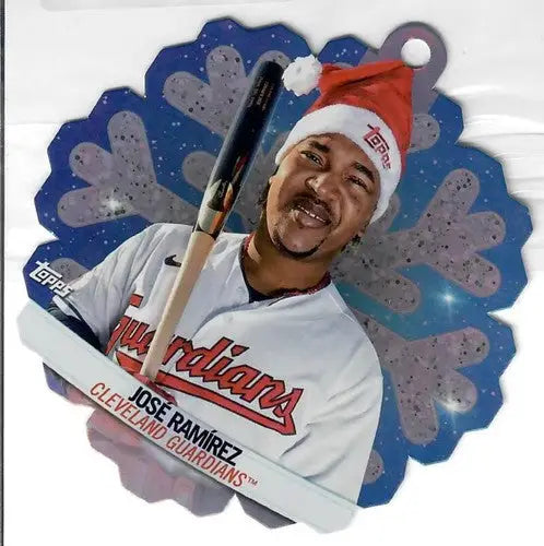Topps Holiday Oversized Jose Ramirez ornament with Santa hat on snowflake ornament