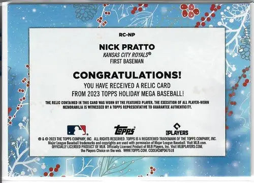 Nick Pratto relic baseball card from 2023 Topps Holiday Relics product set