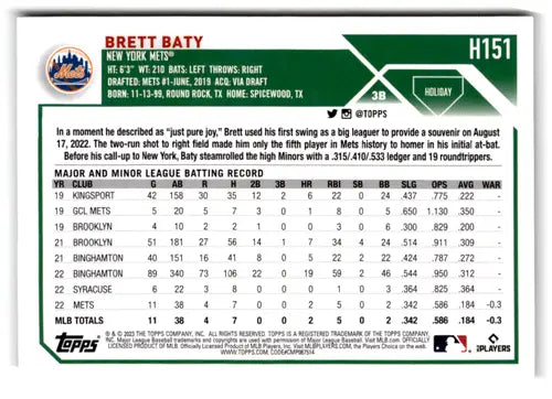 Brett Baty baseball card from 2023 Topps Holiday Short Prints with original gloss