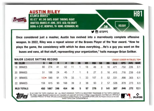 2023 Topps Holiday Short Prints Variations #H81 Austin Riley NM Near Mi ID:66620 - Baseball Card Single