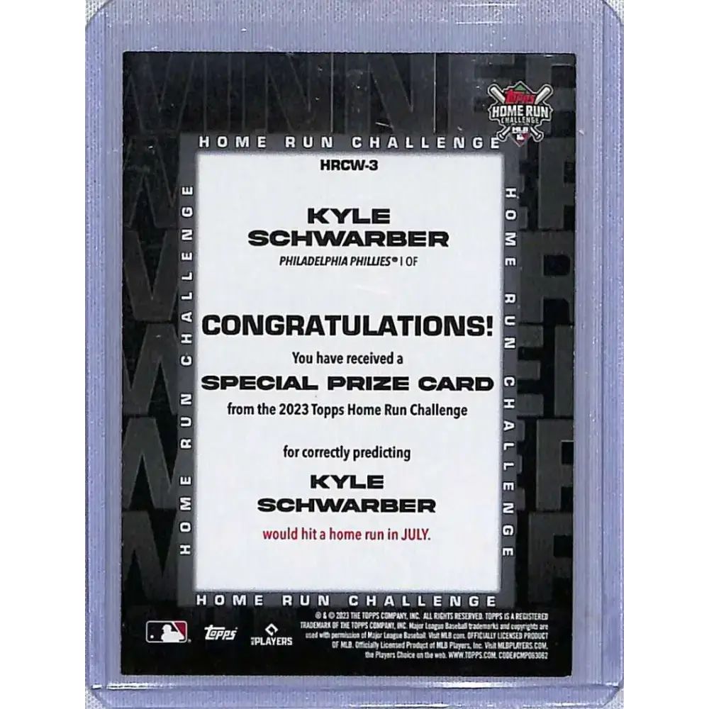 2023 Topps #HRCW-3 Kyle Schwarber Home Run Challenge Winners July #/928 NM-MT Baseball Card - Baseball Card Single