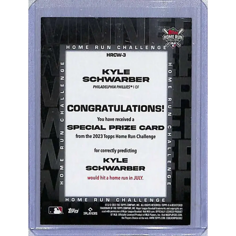 2023 Topps #HRCW-3 Kyle Schwarber Home Run Challenge Winners July #/928 NM-MT Baseball Card - Baseball Card Single