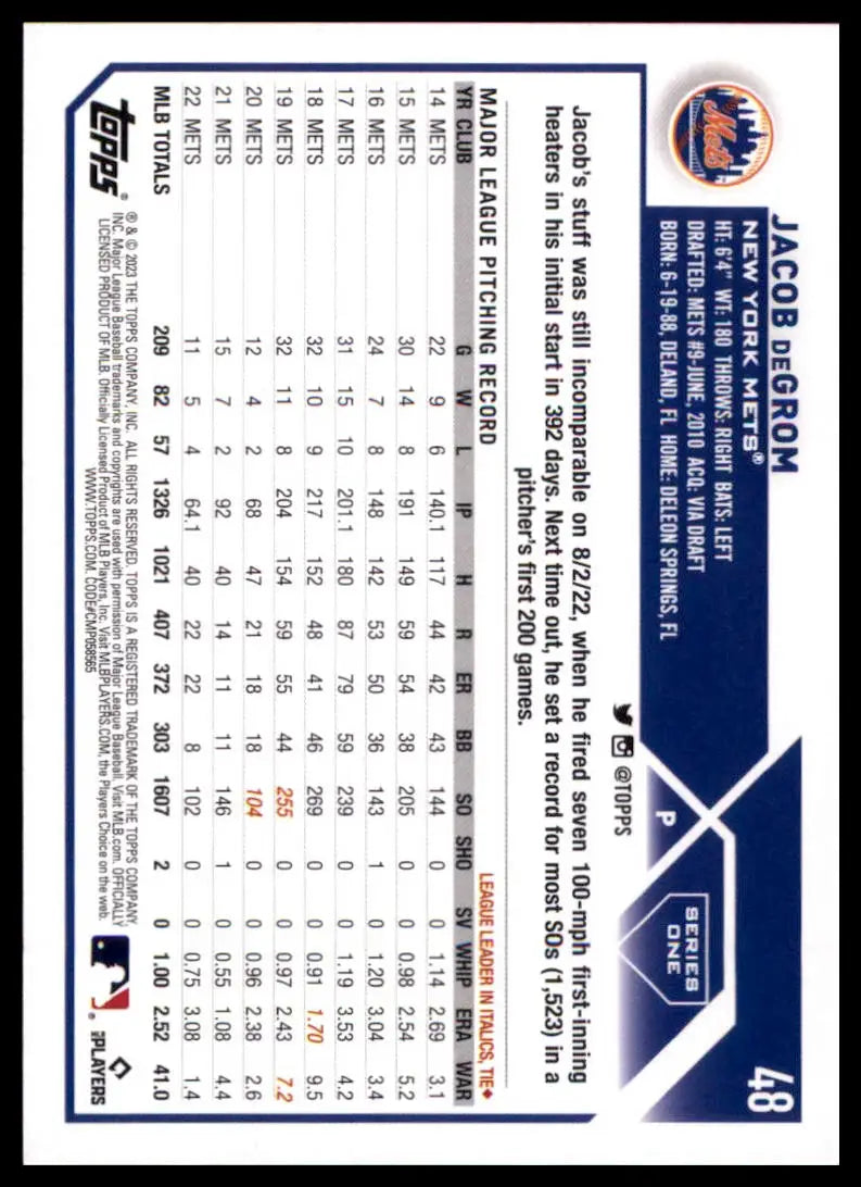 2023 Topps Jacob deGrom 48 New York Mets Baseball NM - Baseball Card Single