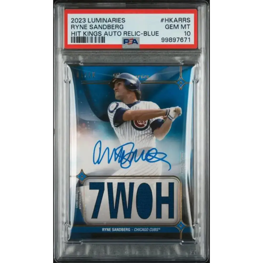 2023 Topps Luminaries Blue #HKARRS Ryne Sandberg PSA 10 GEM MINT MEM Auto 1/10 Chicago Cubs Baseball Card - Baseball