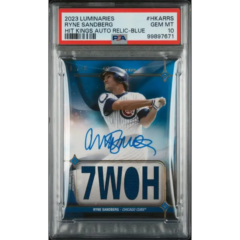 2023 Topps Luminaries Blue #HKARRS Ryne Sandberg PSA 10 GEM MINT MEM Auto 1/10 Chicago Cubs Baseball Card - Baseball