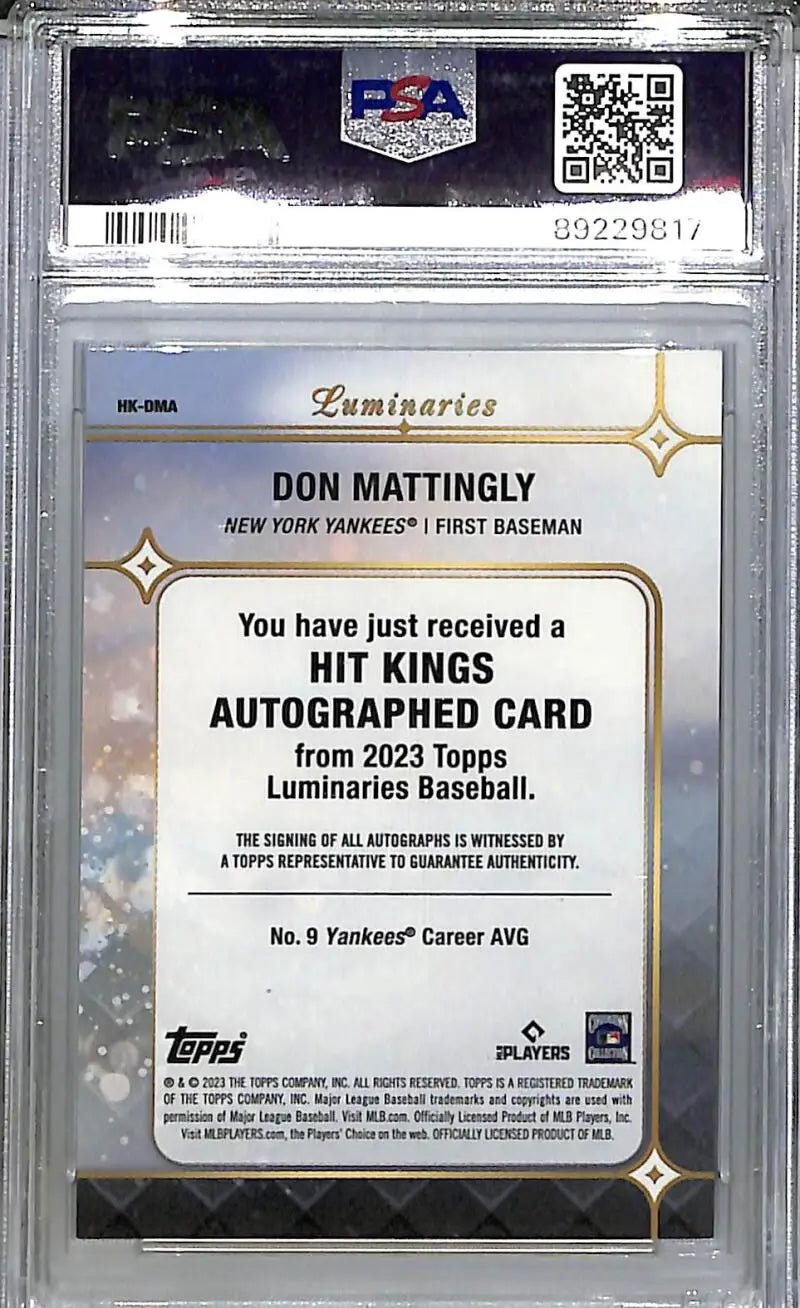 2023 Topps Luminaries Hit Kings #HK-DMA Don Mattingly PSA 9 MINT Auto 9/15 New York Yankees - Baseball Card Single