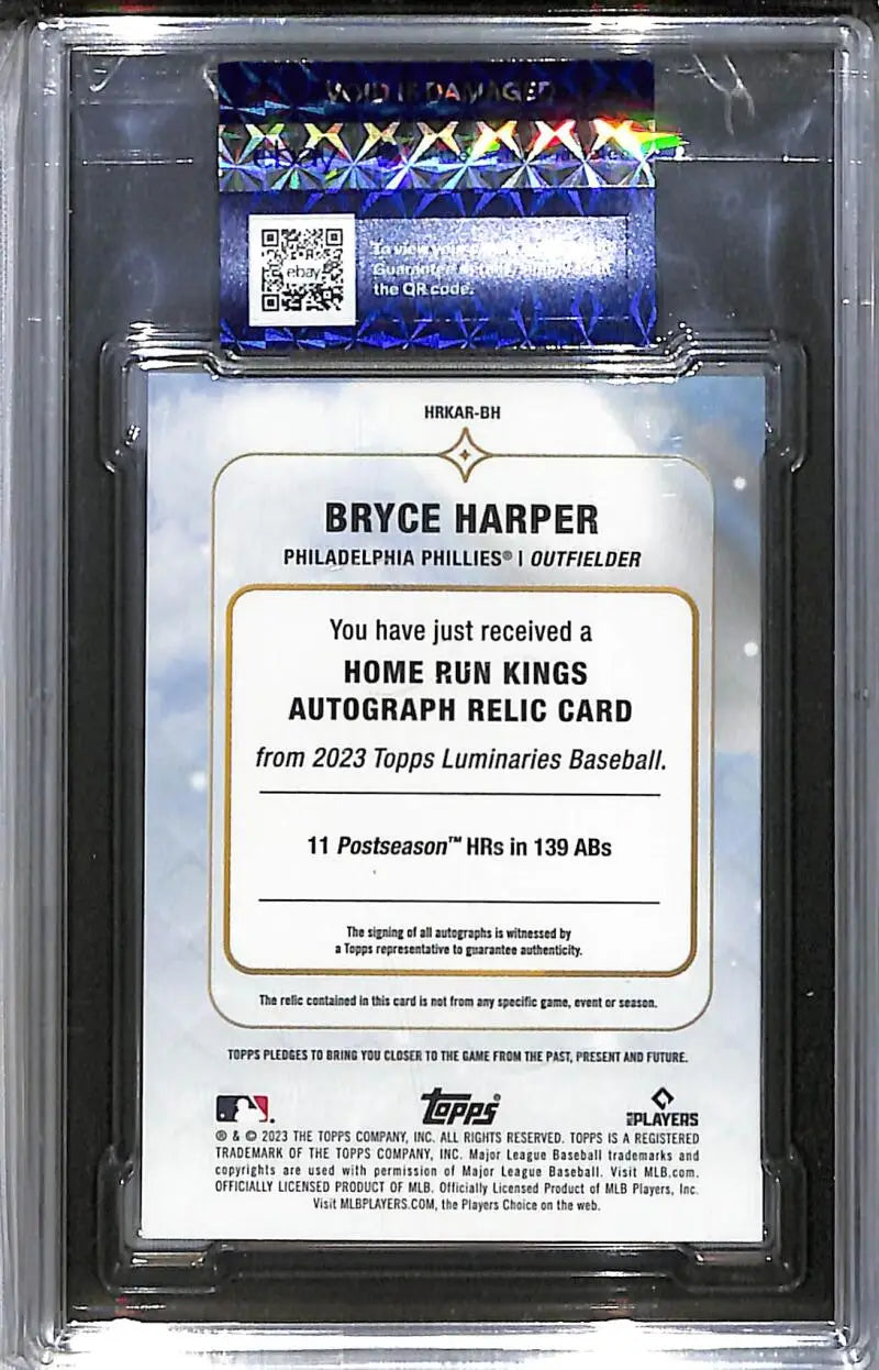 2023 Topps Luminaries Home Run Kings #HRKAR-BH Bryce Harper SGC 10 Gem MEM Auto 2/15 Philadelphia Phillies - Baseball