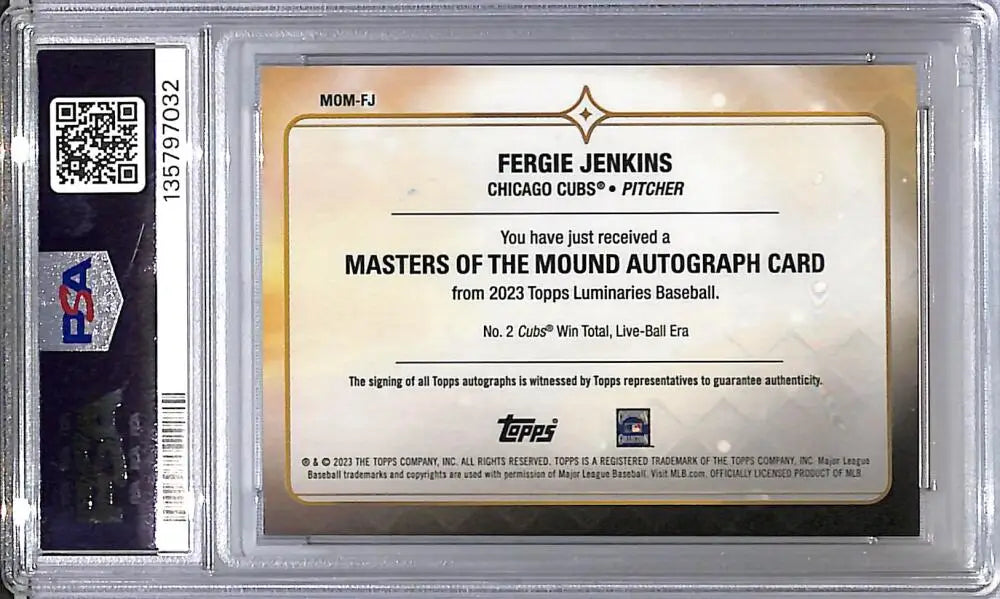 2023 Topps Luminaries Masters Of The Mound Purple #MOM-FJ Fergie Jenkins PSA 7 NM Auto 1/3 Chicago Cubs - Baseball Card