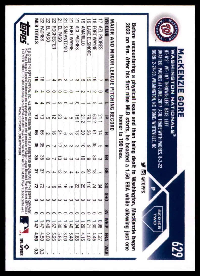 2023 Topps MacKenzie Gore 629 Washington Nationals NM - Baseball Card Single