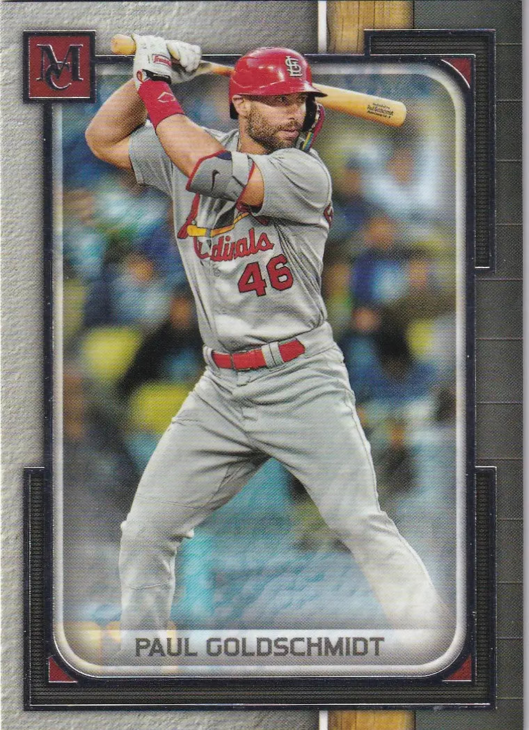 Baseball card of Paul Goldschmidt in batting stance for Topps Museum St. Louis Cardinals