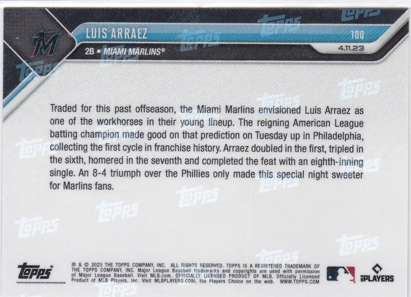 2023 TOPPS NOW #100 LUIS ARRAEZ- MIAMI MARLINS - Baseball Card Single