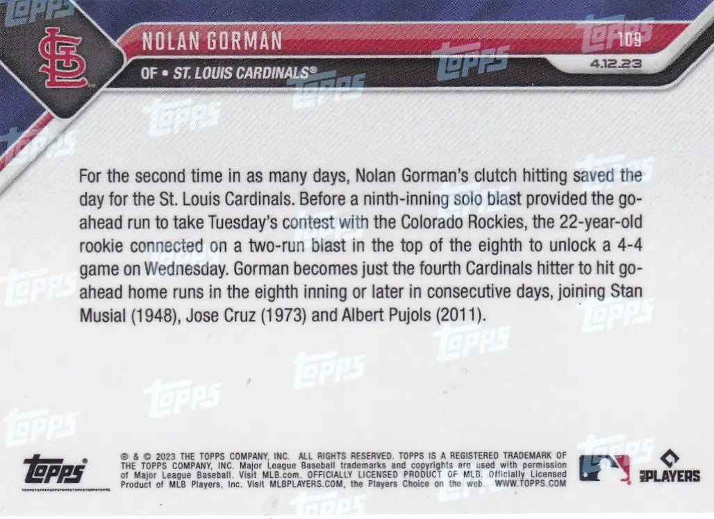 Back of Nolan Gorman baseball card from 2023 TOPPS NOW #109 Louis Cardinals collection