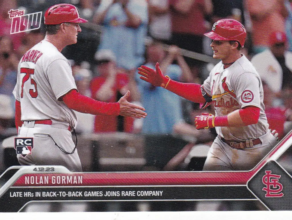 Topps Now Nolan Gorman baseball card featuring Louis Cardinals player Gorman- St Louis