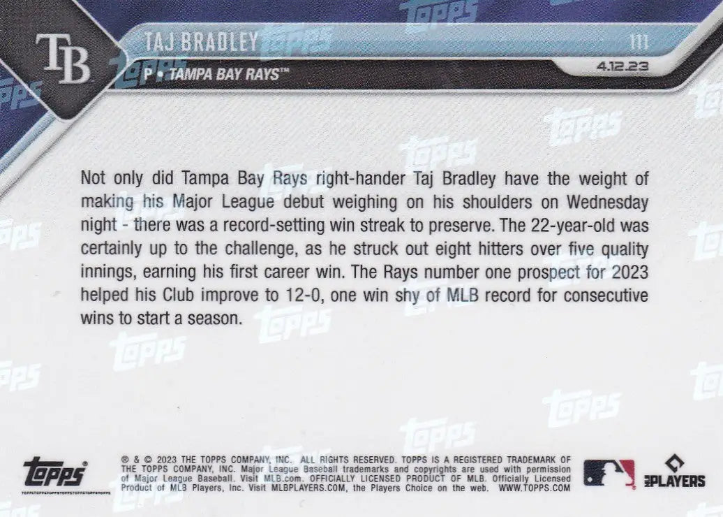 Back of 2023 TOPPS NOW Taj Bradley baseball card Tampa Bay Rays team product