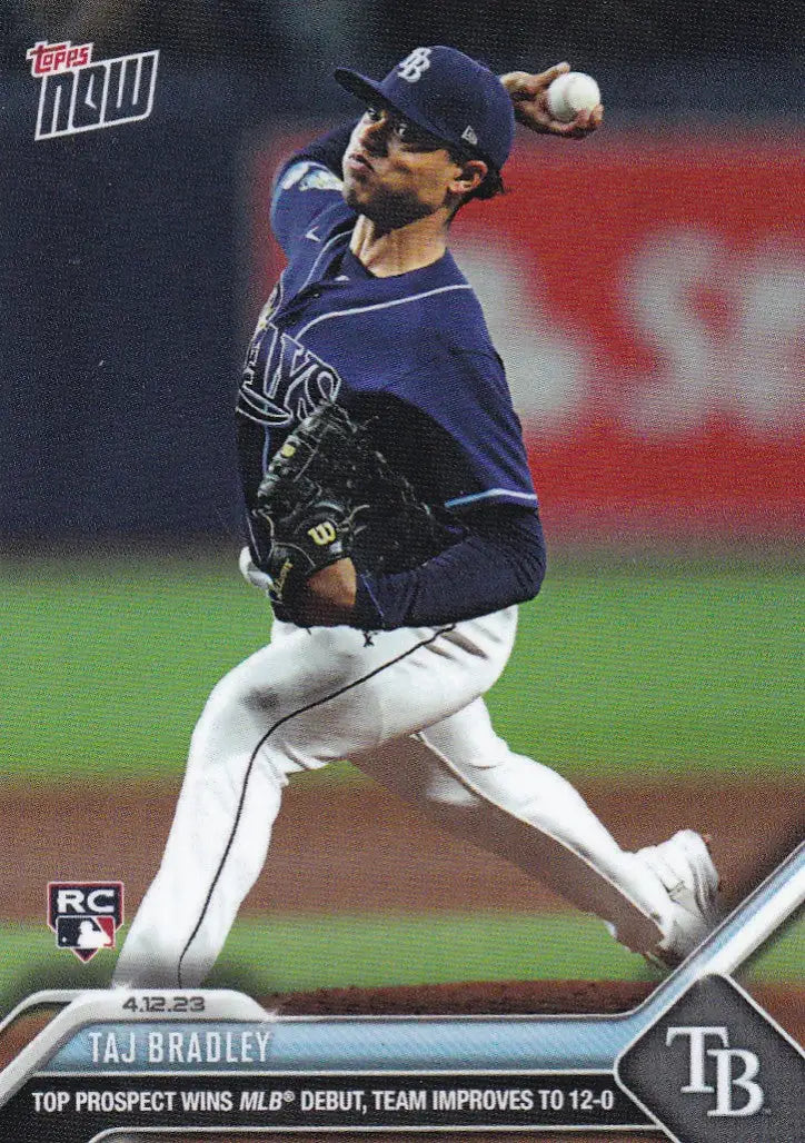 Baseball trading card of Taj Bradley pitching for Tampa Bay Rays in 2023 TOPPS NOW