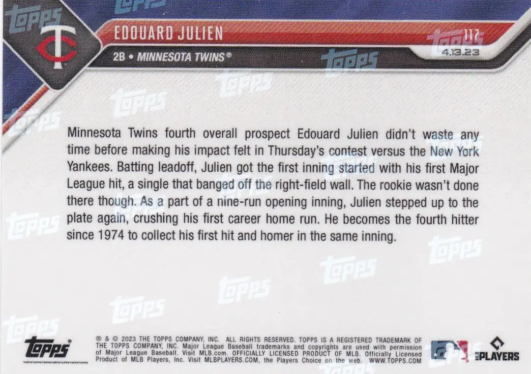 Baseball card of Edouard Julien of the Minnesota Twins from 2023 TOPPS NOW series