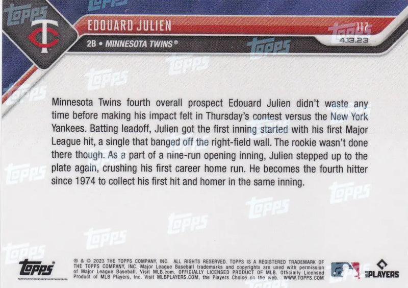 Baseball card of Edouard Julien of the Minnesota Twins from 2023 TOPPS NOW series