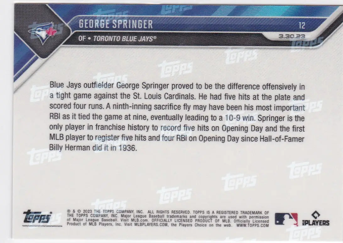 2023 TOPPS NOW #12 GEORGE SPRINGER- TORONTO BLUE JAYS - Baseball Card Single