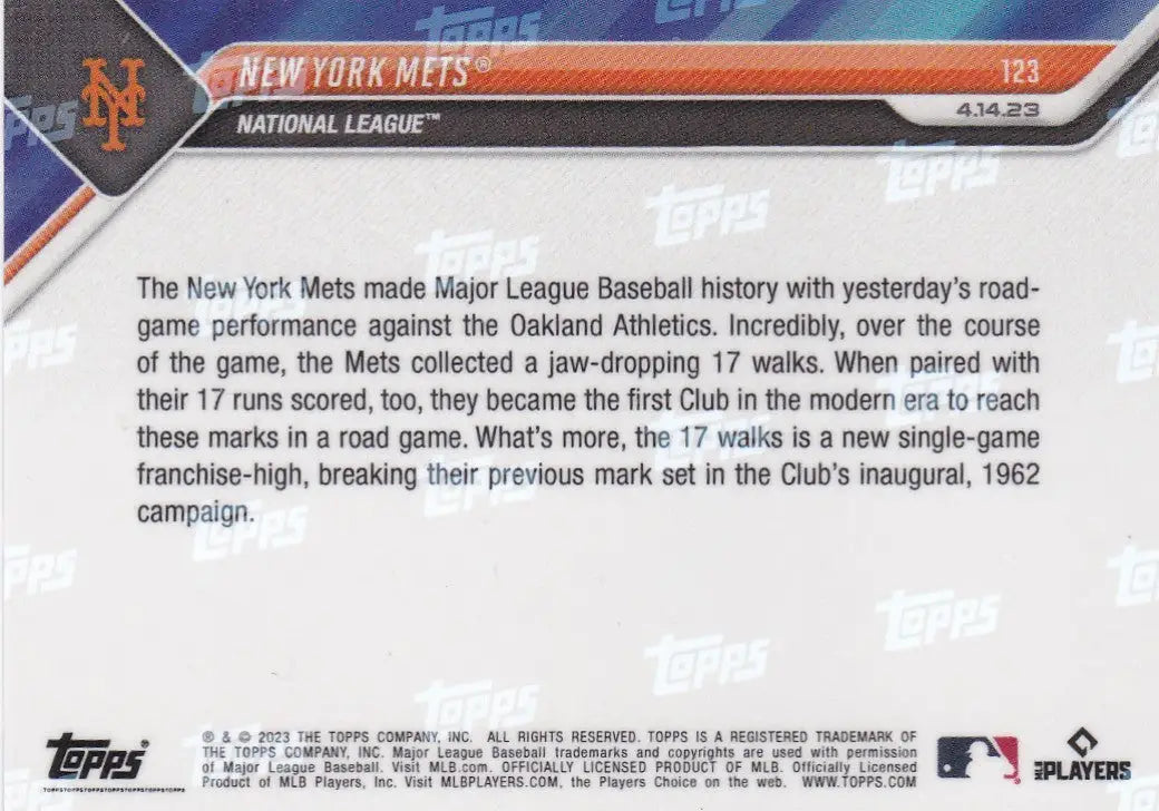 Back of a 2023 TOPPS NOW New York Mets baseball trading card featuring team details