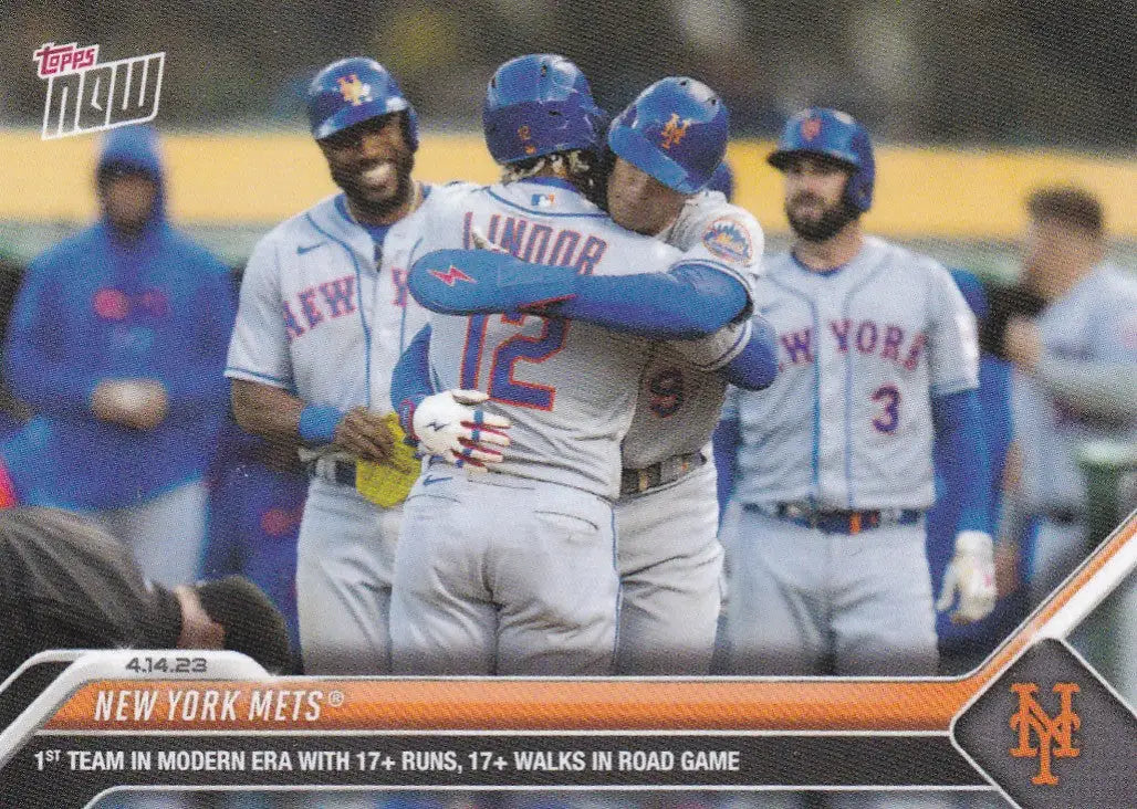 Baseball trading card featuring New York Mets players embracing after a play 2023 TOPPS NOW