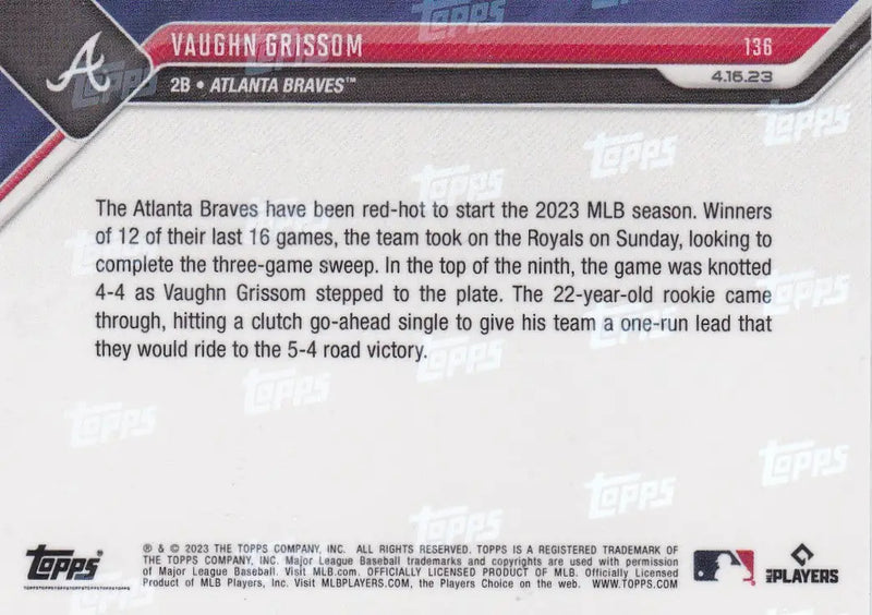Back of 2023 TOPPS NOW Vaughn Grissom Atlanta Braves baseball card showing stats and details