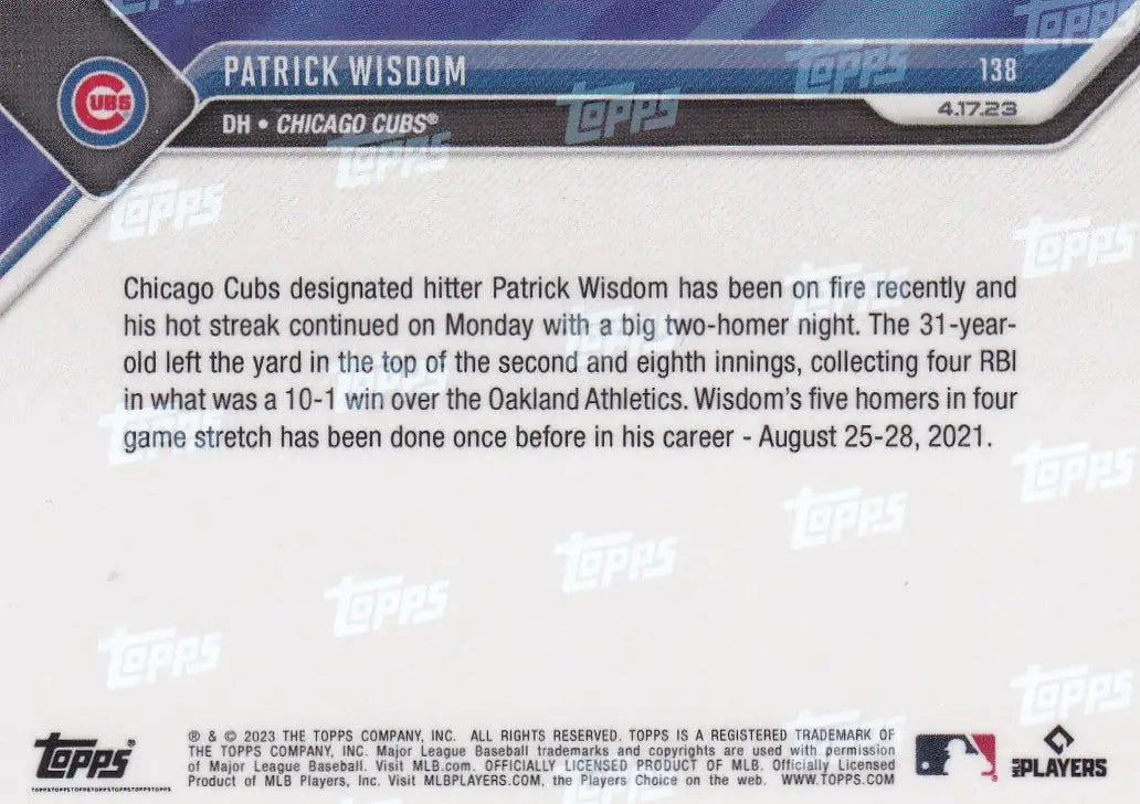 Baseball trading card of Patrick Wisdom Chicago Cubs 2023 TOPPS NOW #138 Wisdom Chicago Cubs