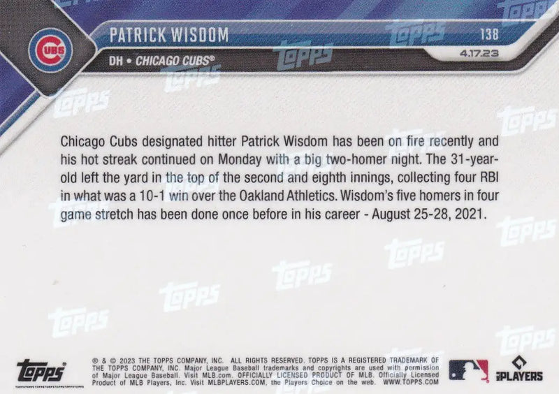 Baseball trading card of Patrick Wisdom Chicago Cubs 2023 TOPPS NOW #138 Wisdom Chicago Cubs
